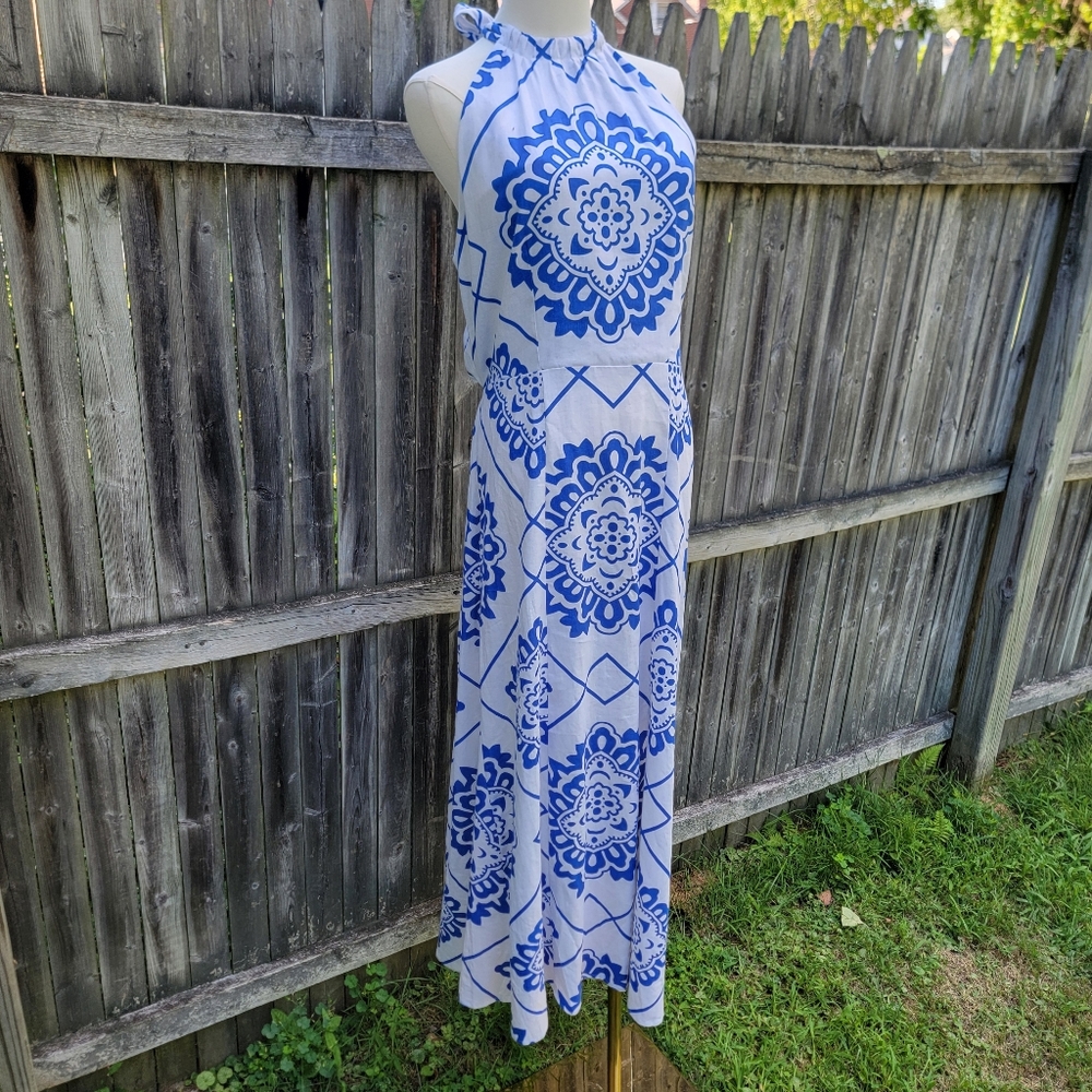 1. State Linen Maxi Dress Blue White Portuguese Tile Print Tie Back Size Large